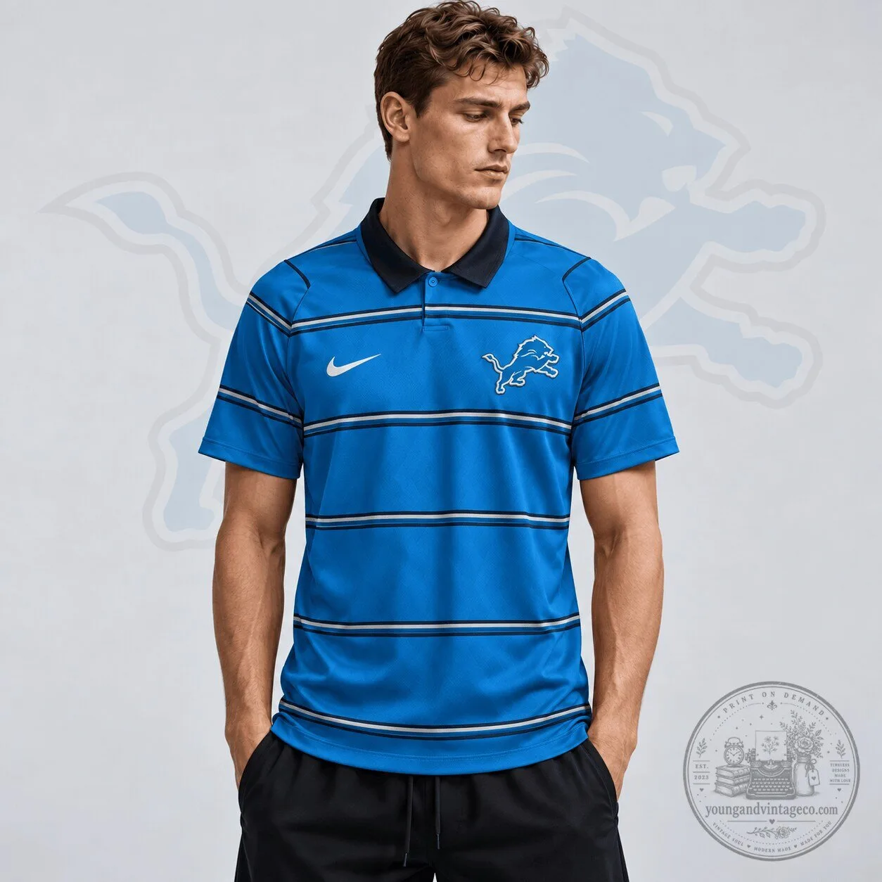 Detroit Lions NFL Team Crest Blue Horizontal Stripe Performance Polo Shirt