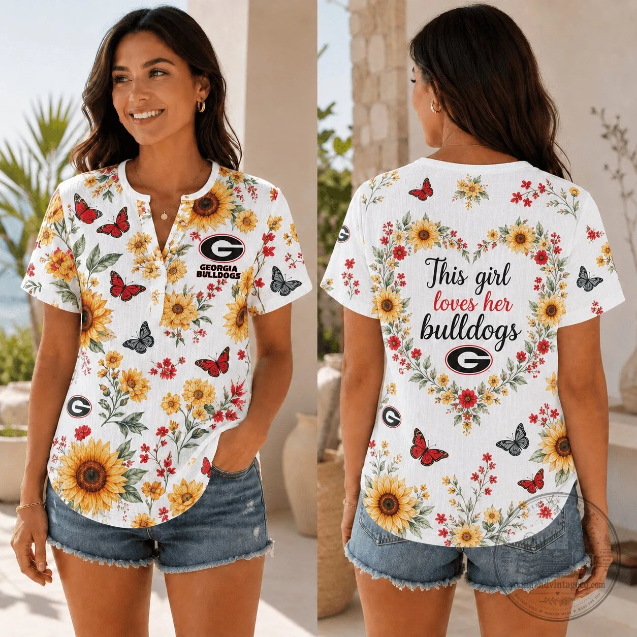 Georgia Bulldogs Shirt Sunflower Butterfly Women's Summer T-Shirt