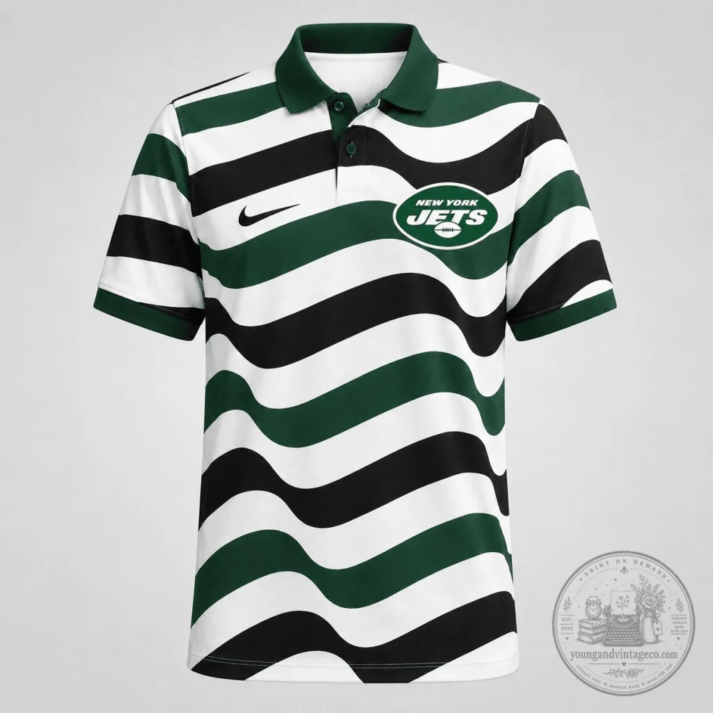 New York Jets NFL Football Team Wavy Stripe Green and White Polo Shirt 8 New York Jets NFL Football Team Wavy Stripe Green and White Polo Shirt