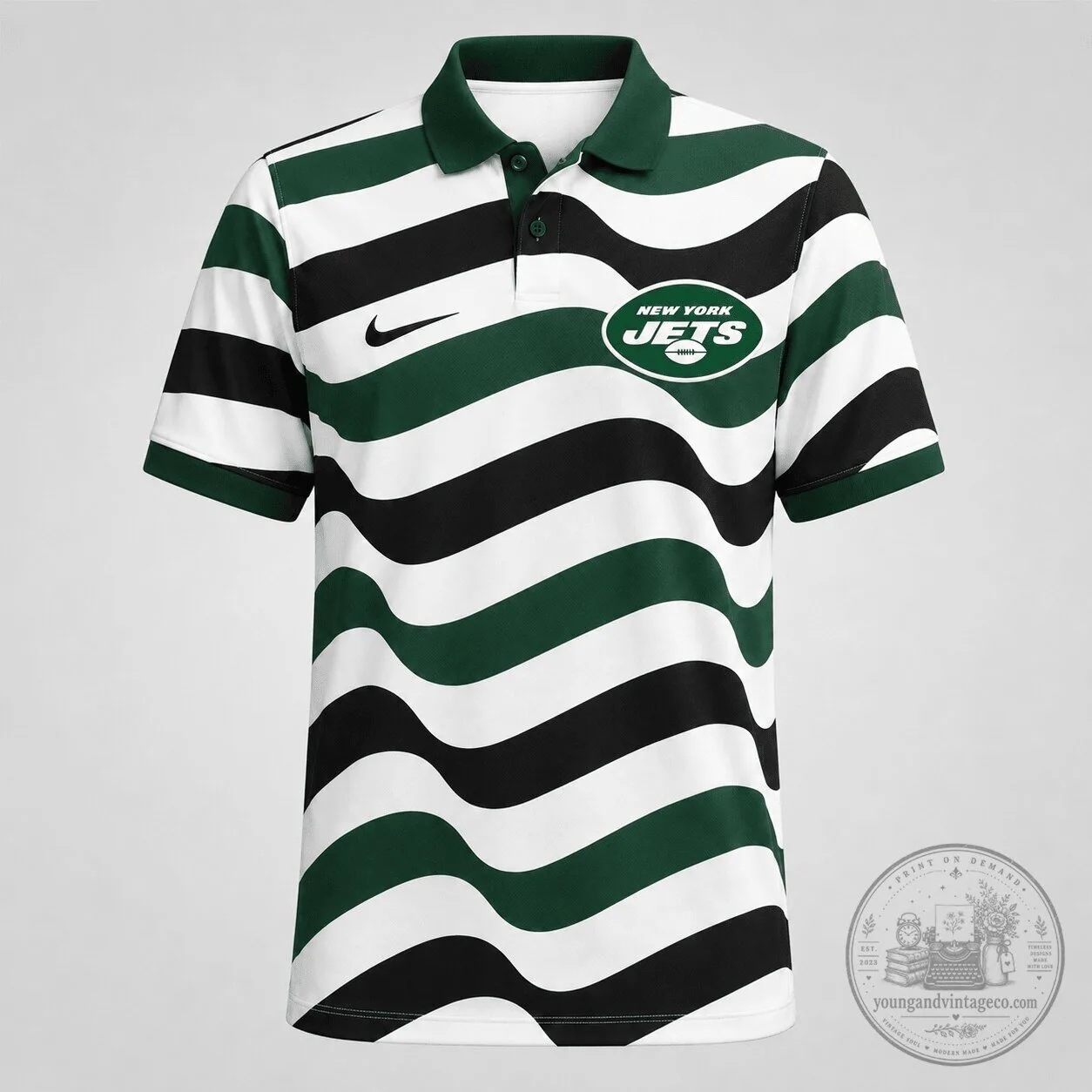 New York Jets NFL Football Team Wavy Stripe Green and White Polo Shirt
