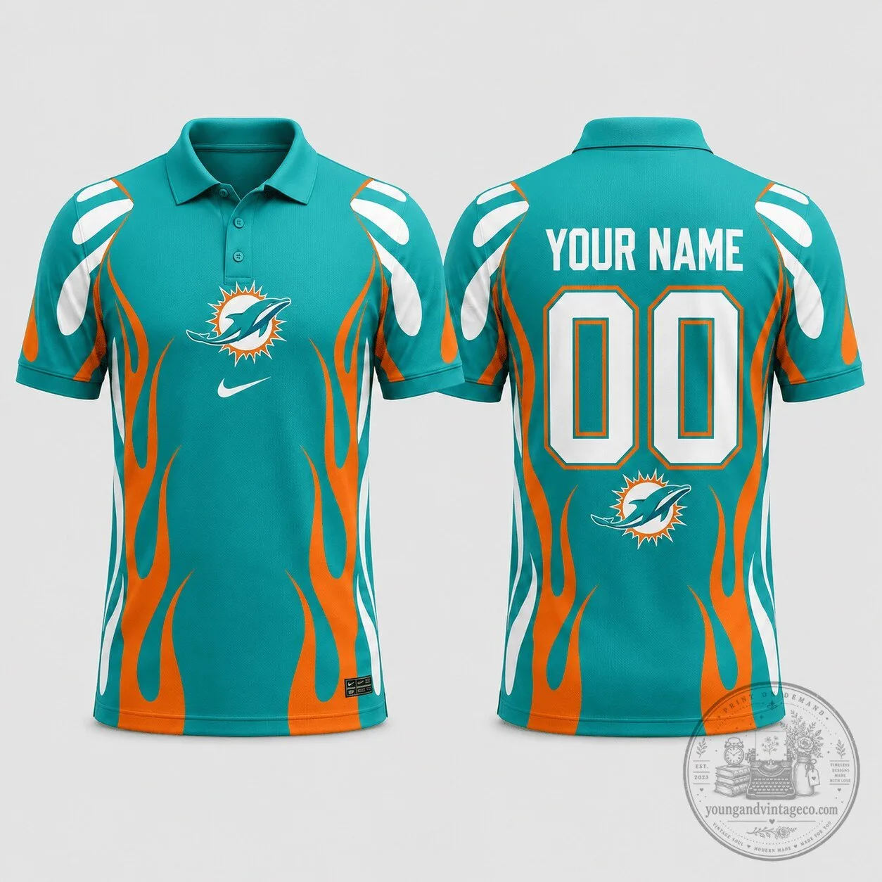 Miami Dolphins NFL Football Team Custom Name and Number Polo Shirt