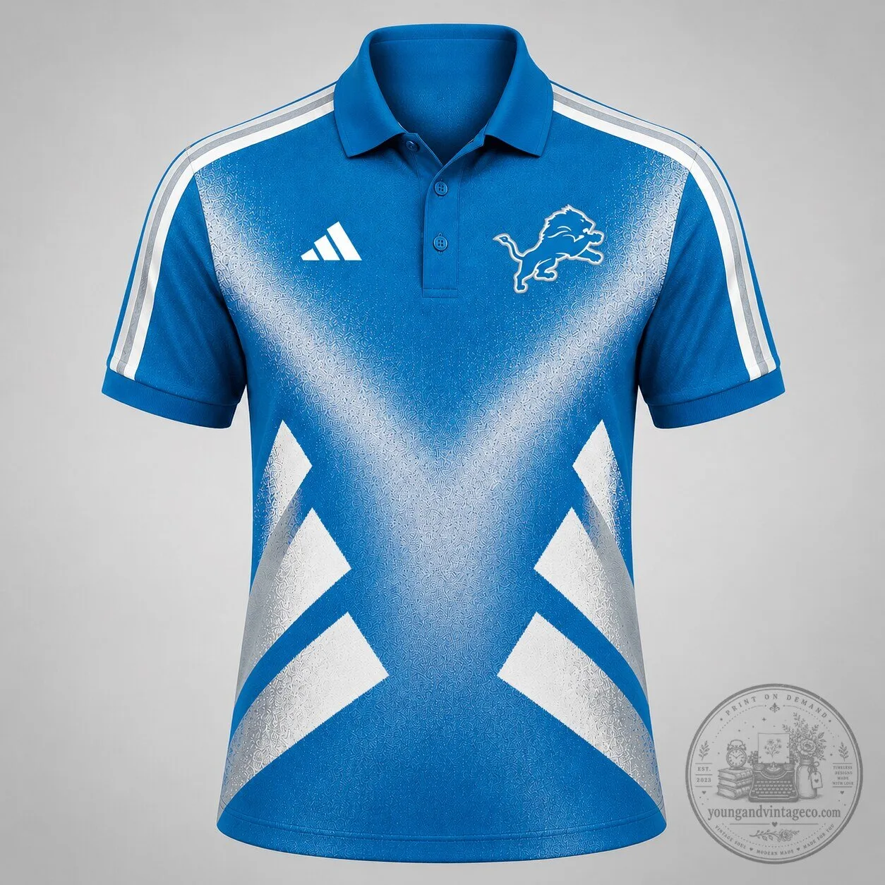 Detroit Lions NFL Fan Polo Shirt, Geometric Pattern Blue and Silver Polo Shirt for Men