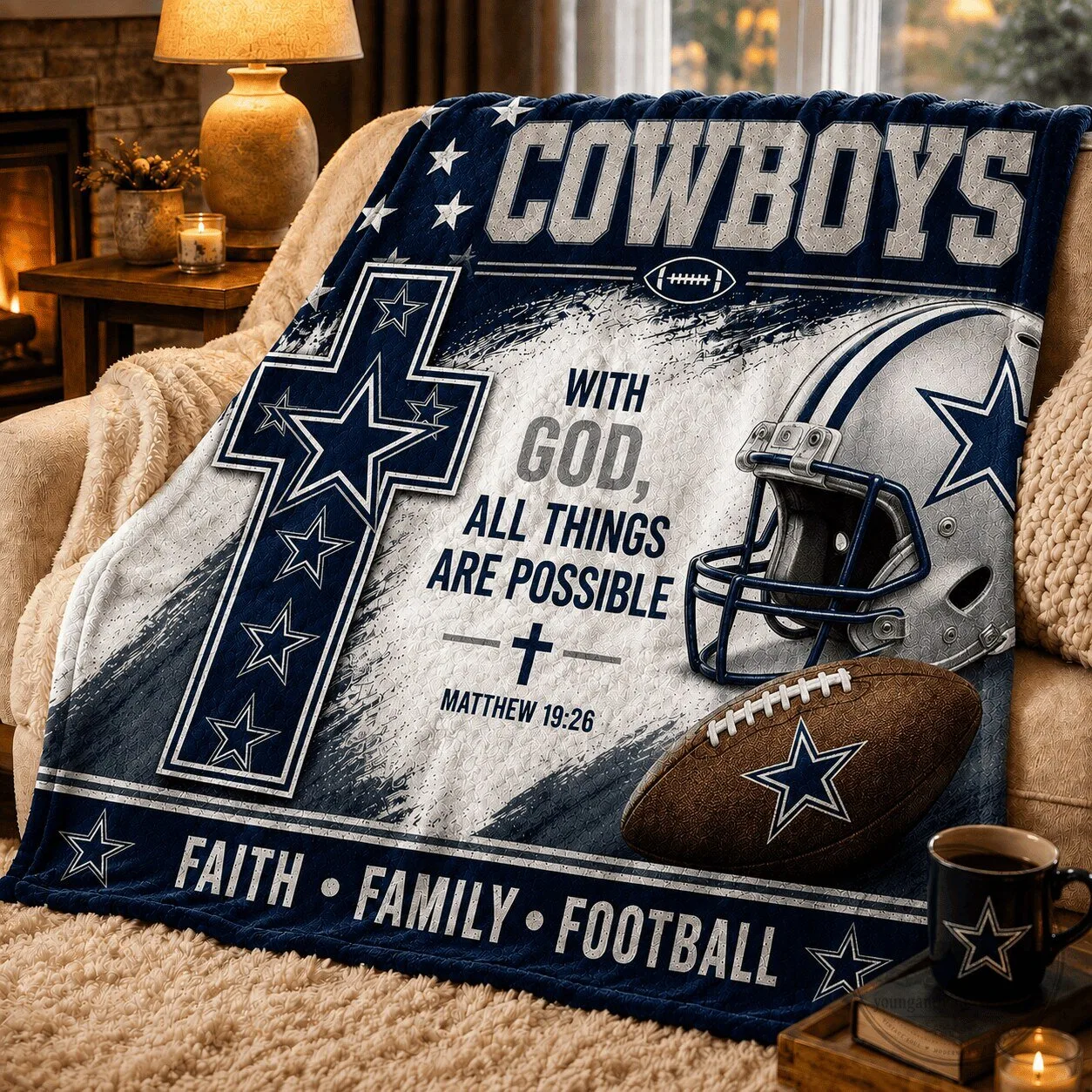 Faith Family Football Blanket - With God All Things Are Possible, Dallas Cowboys Design