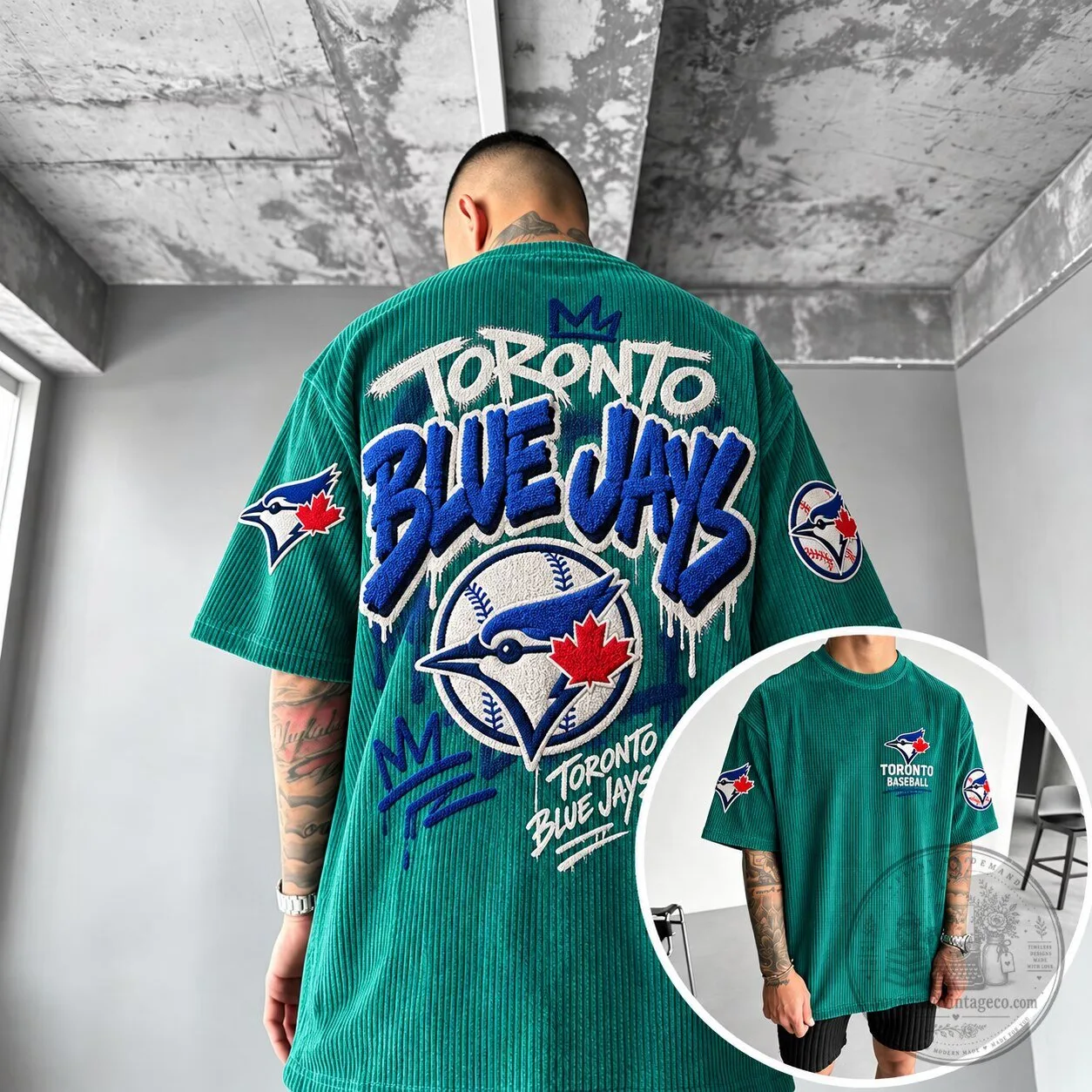 Toronto Blue Jays Baseball Team Embroidered Corduroy Short Sleeve T-Shirt