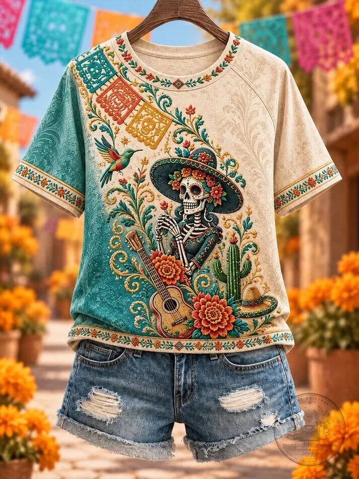 Day of the Dead Sugar Skull Skeleton with Guitar and Sombrero T-Shirt