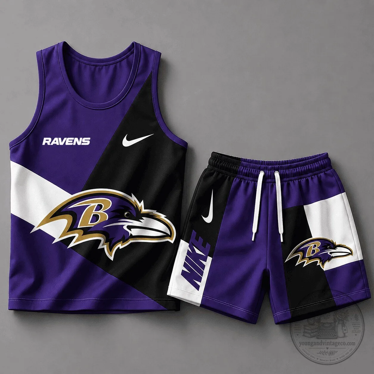 Baltimore Ravens Football Team Color Block Athletic Tank Top and Shorts Set