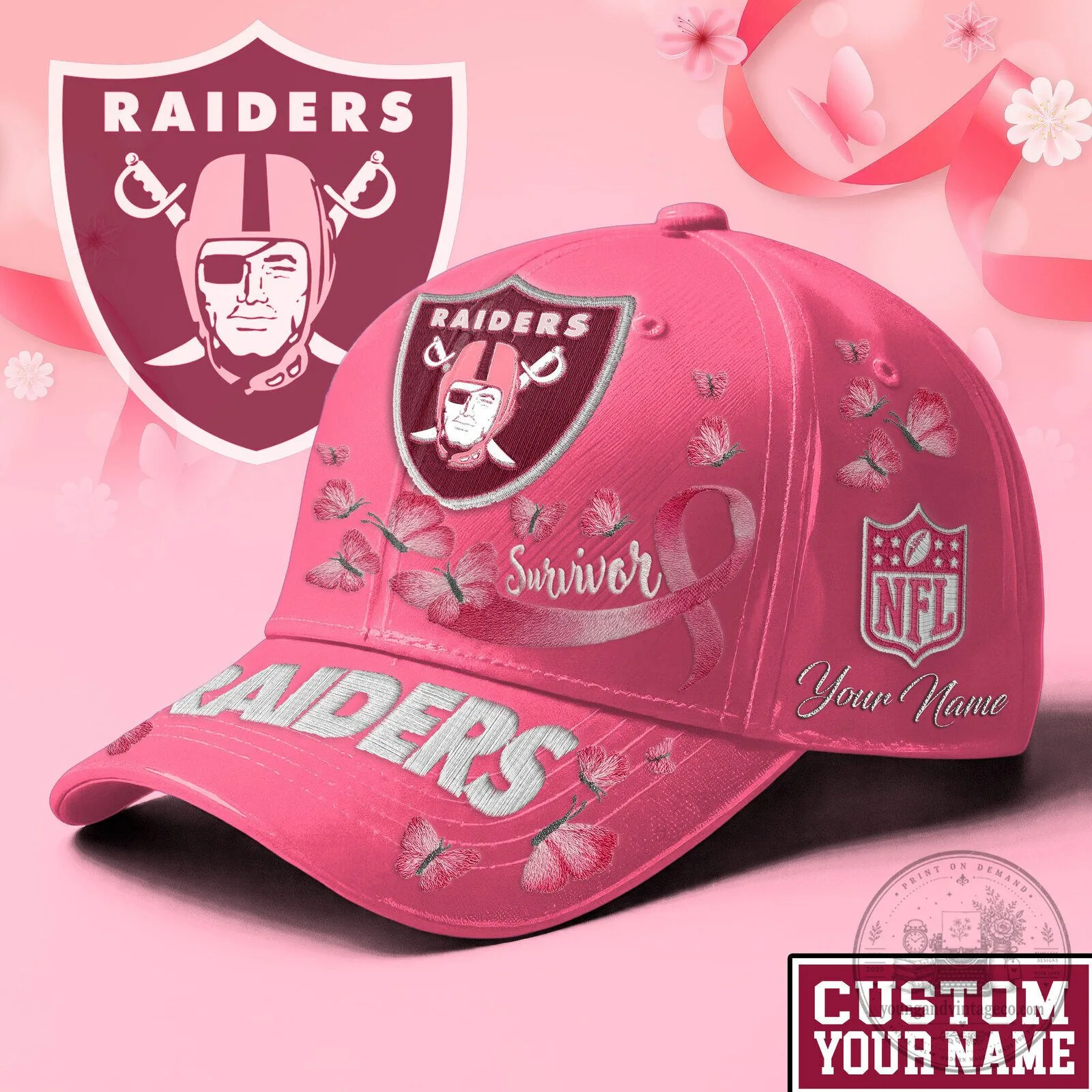 Las Vegas Raiders Breast Cancer Survivor Pink Embroidered Baseball Cap Hat