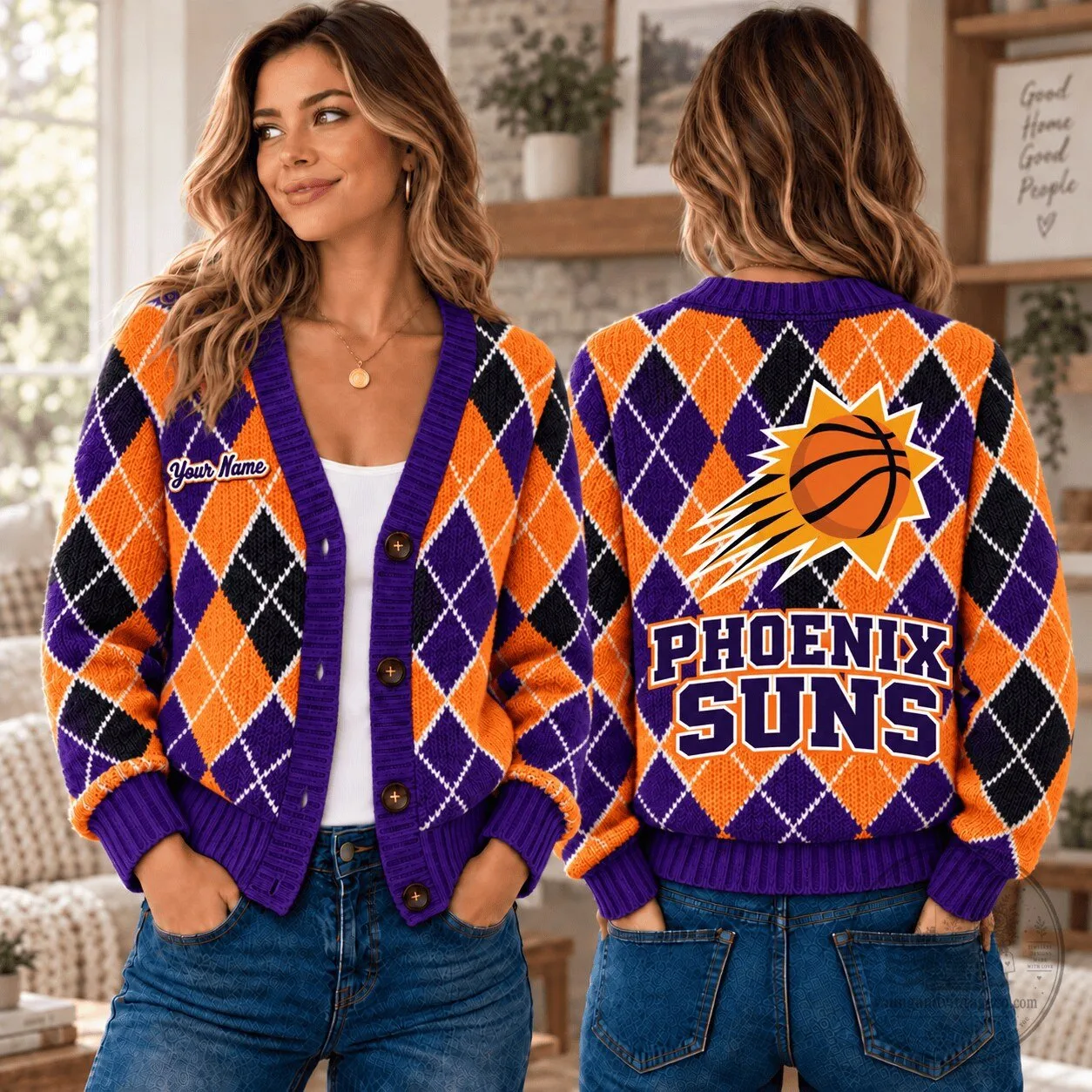 Phoenix Suns Personalized Argyle Ugly Christmas Cardigan Sweater