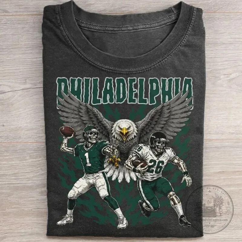 Philadelphia Football Skeleton Players and Eagle Graphic T-Shirt 30 Philadelphia Football Skeleton Players and Eagle Graphic T-Shirt
