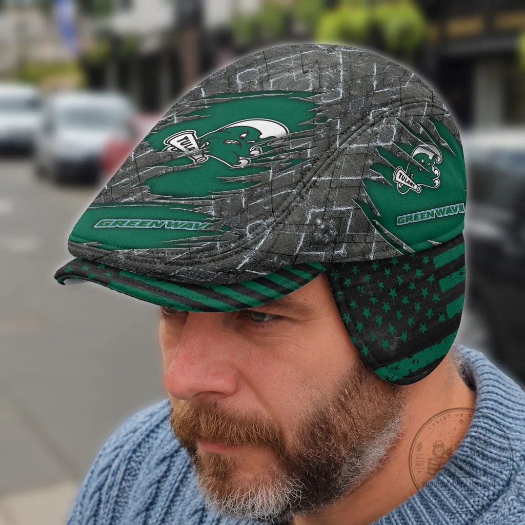 Tulane Green Wave Distressed Brick Pattern Flat Cap with Foldable Ear Flaps Tulane Green Wave Distressed Brick Pattern Flat Cap with Foldable Ear Flaps