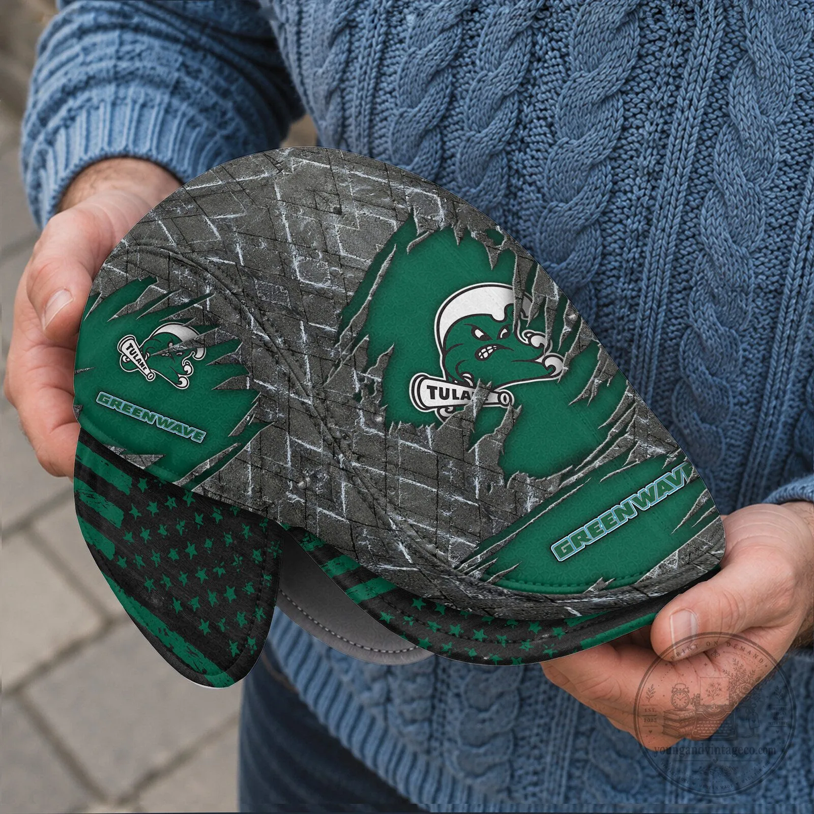 Tulane Green Wave Distressed Brick Pattern Flat Cap with Foldable Ear Flaps 6 Tulane Green Wave Distressed Brick Pattern Flat Cap with Foldable Ear Flaps