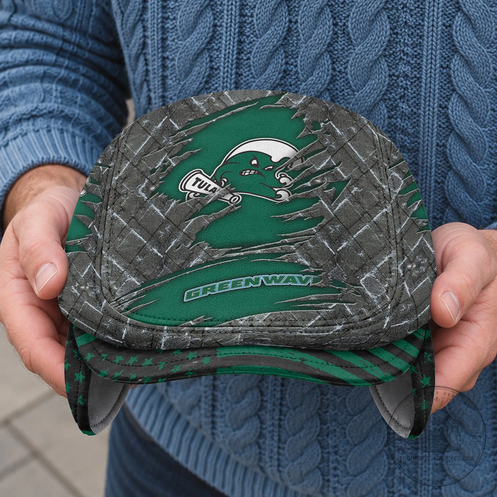 Tulane Green Wave Distressed Brick Pattern Flat Cap with Foldable Ear Flaps 7 Tulane Green Wave Distressed Brick Pattern Flat Cap with Foldable Ear Flaps