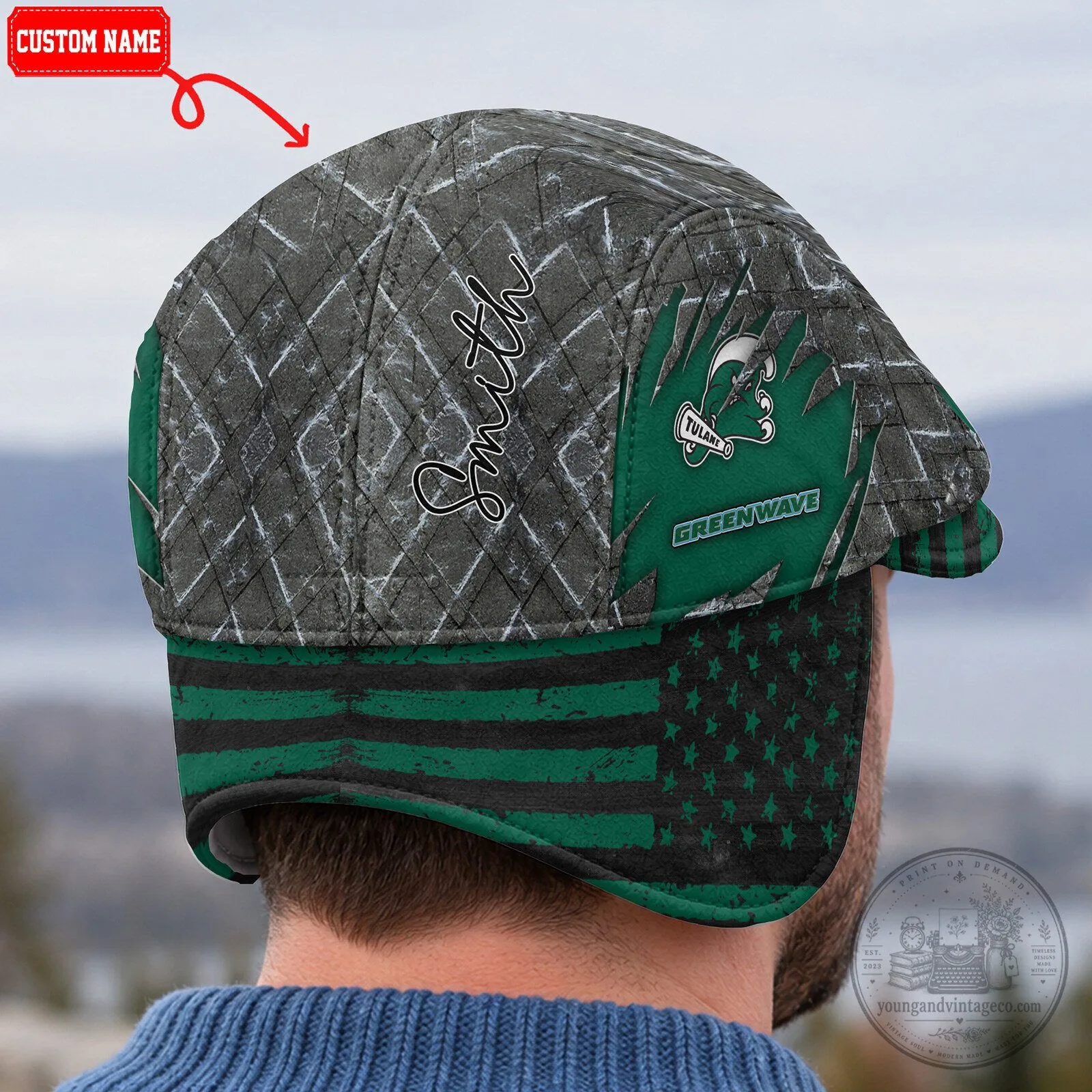 Tulane Green Wave Distressed Brick Pattern Flat Cap with Foldable Ear Flaps 8 Tulane Green Wave Distressed Brick Pattern Flat Cap with Foldable Ear Flaps