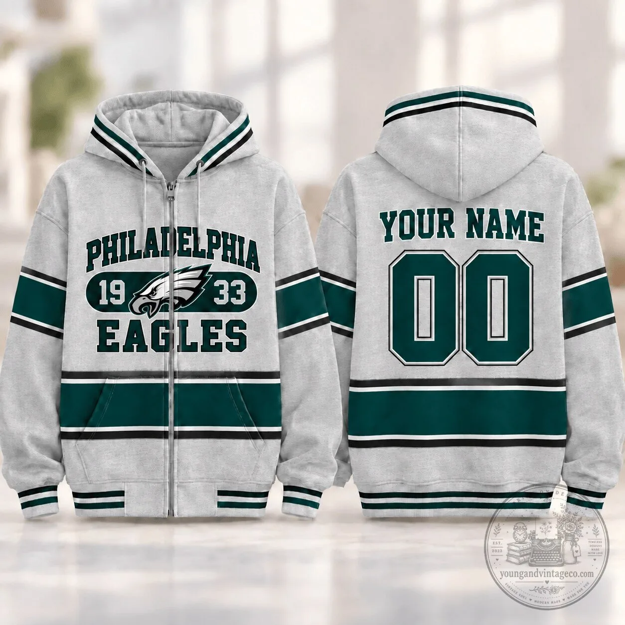 Philadelphia Eagles Varsity Stripe Zip Hoodie Custom Name and Number
