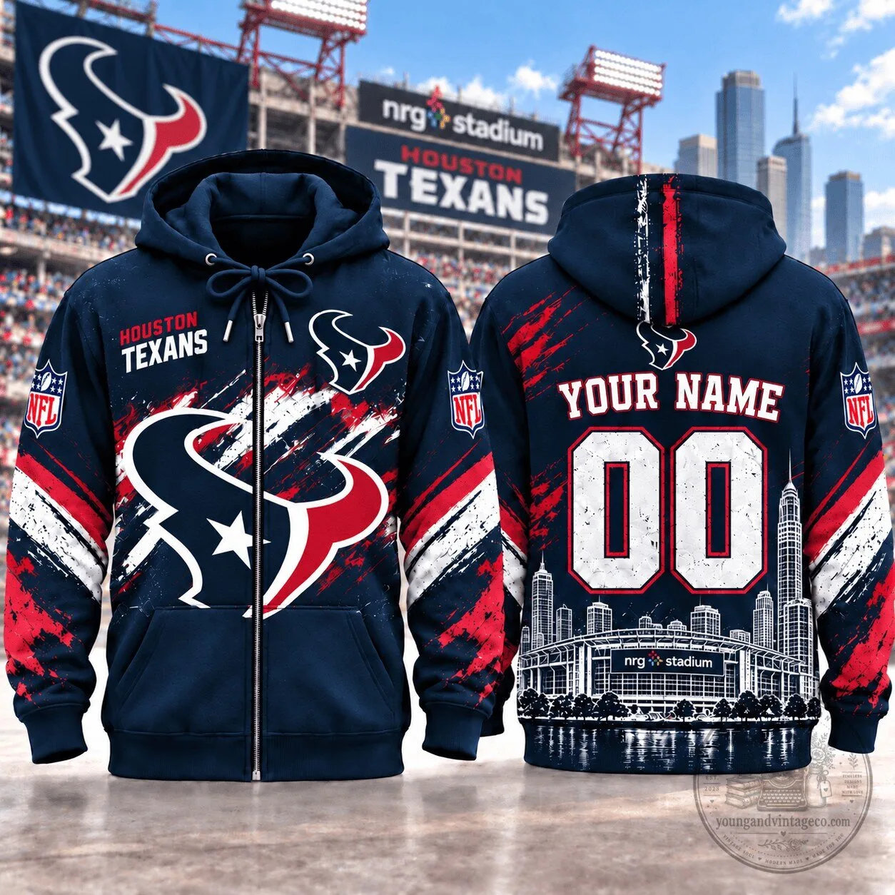 Houston Texans National Football League Custom Name and Number Full-Zip Hoodie