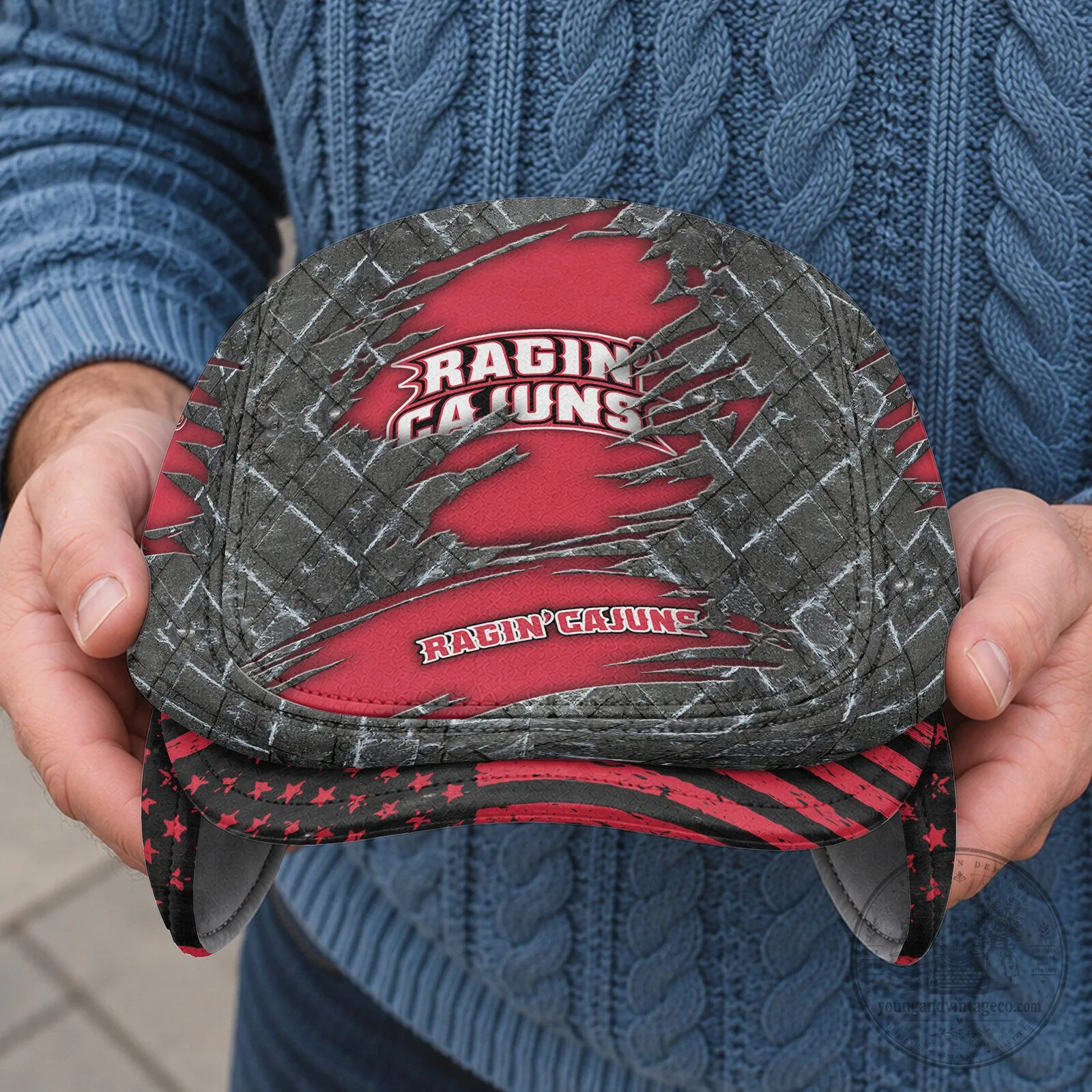 NCAA Flat Cap Featuring Foldable Ear Flaps - Louisiana Ragin Cajuns Design 7 NCAA Flat Cap Featuring Foldable Ear Flaps - Louisiana Ragin Cajuns Design