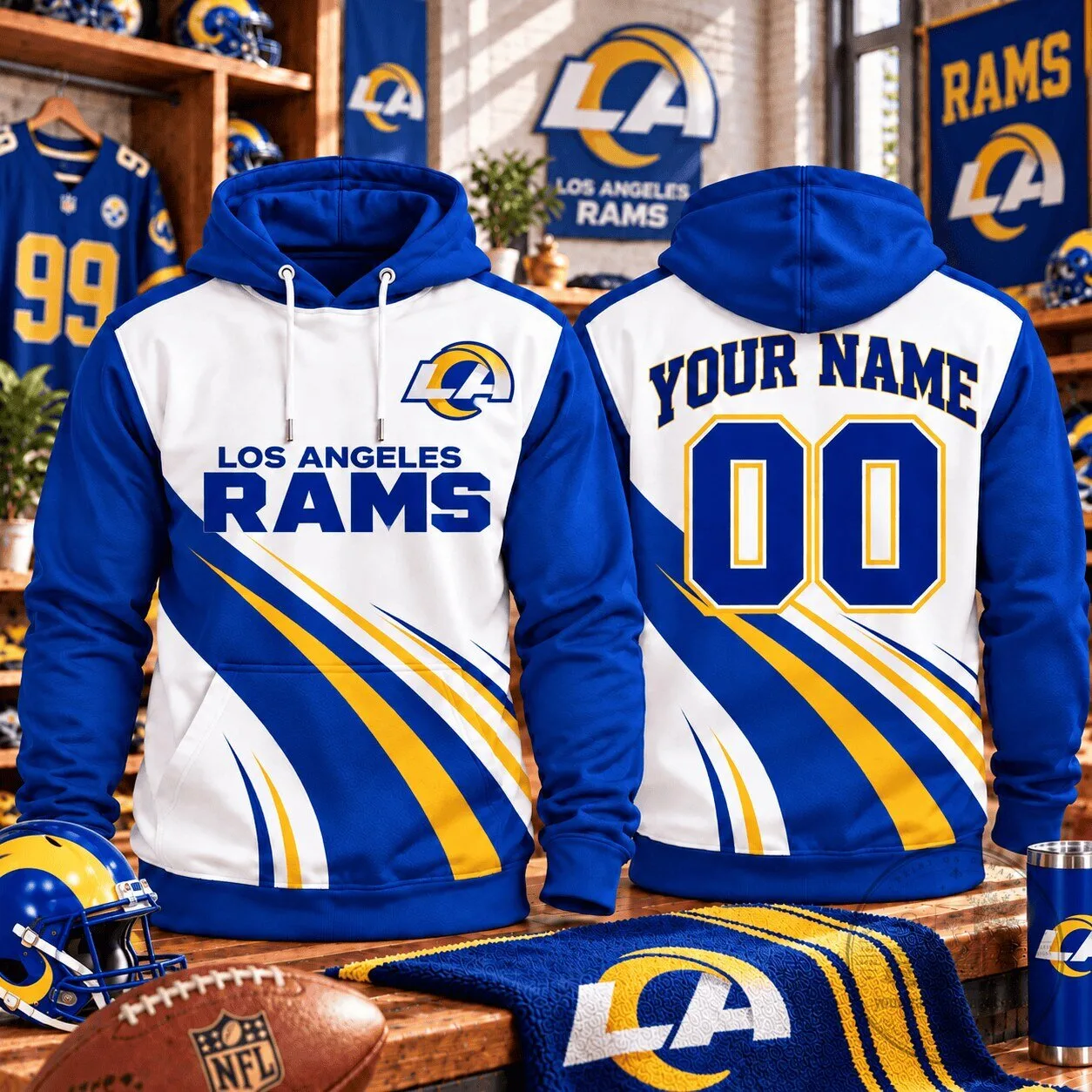 Los Angeles Rams Football Team Royal Blue Custom Name and Number Hoodie