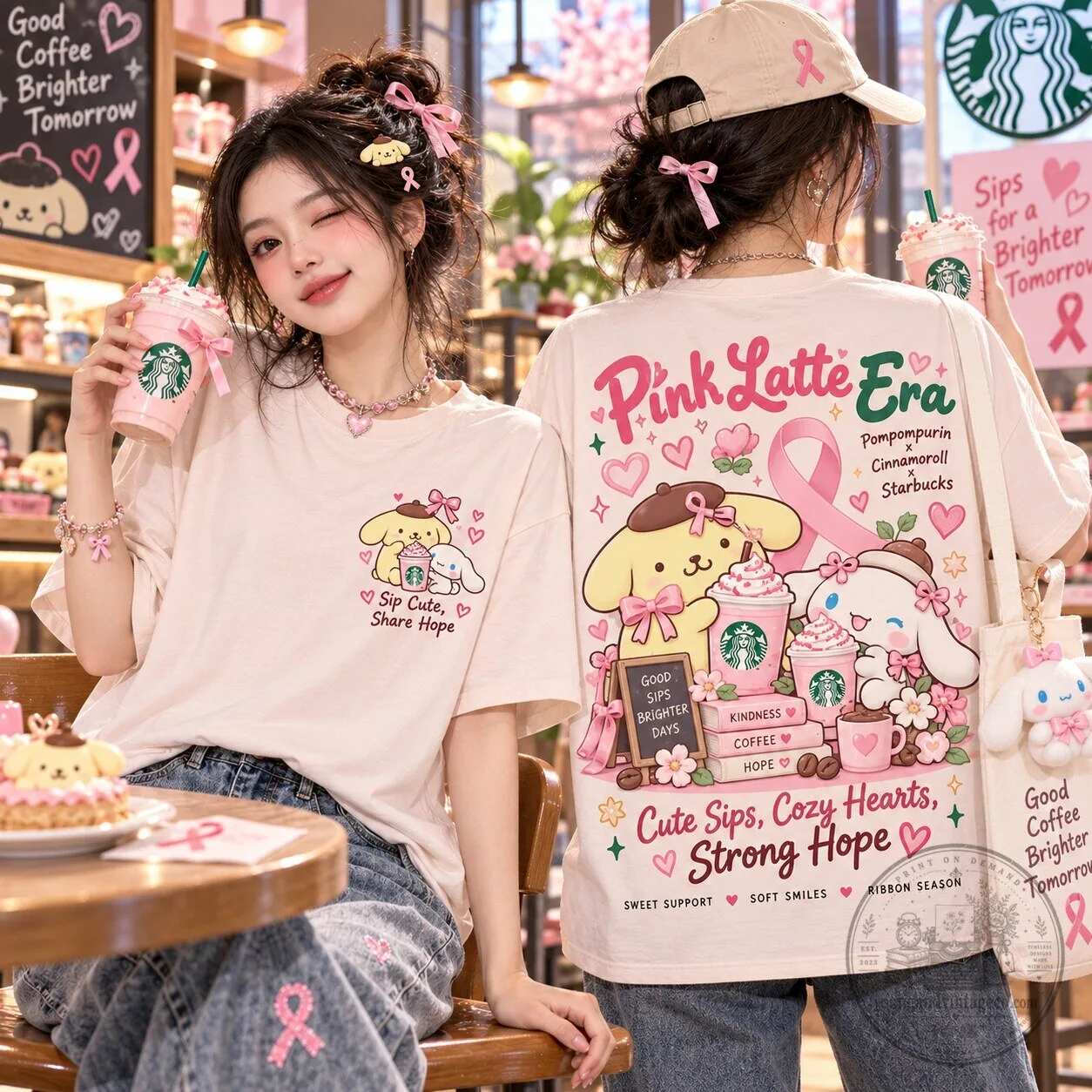 Pompompurin Cinnamoroll Starbucks Pink Latte Era Breast Cancer Awareness T-Shirt