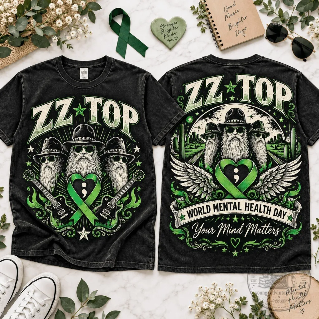 ZZ Top World Mental Health Day Green Ribbon Awareness T-Shirt 38 ZZ Top World Mental Health Day Green Ribbon Awareness T-Shirt
