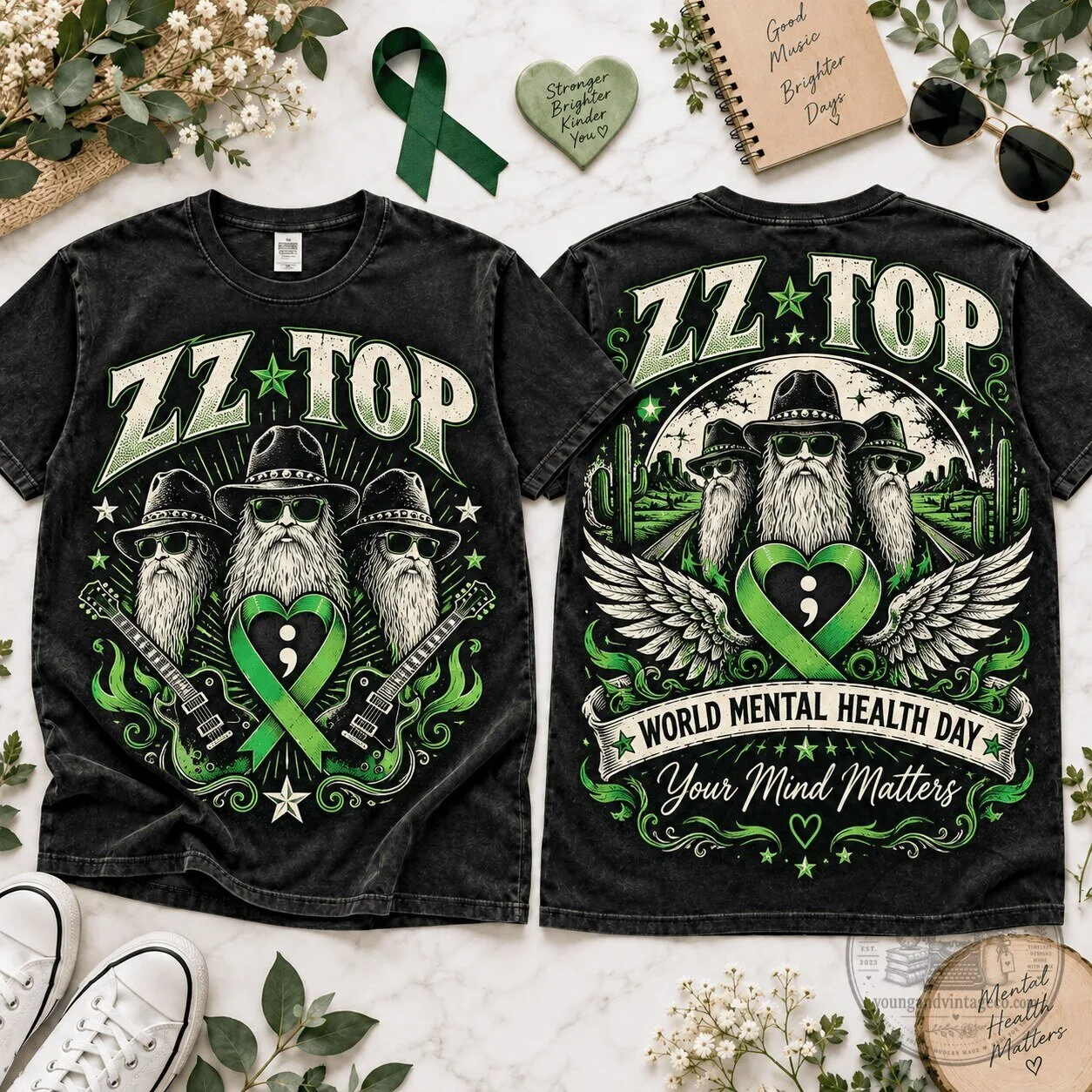 ZZ Top World Mental Health Day Green Ribbon Awareness T-Shirt