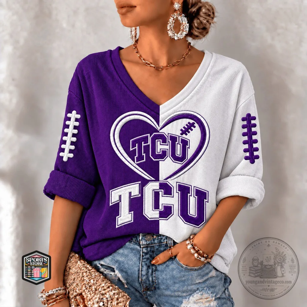 TCU Horned Frogs Football Team Purple and White V-Neck Long Sleeve Shirt TCU Horned Frogs Football Team Purple and White V-Neck Long Sleeve Shirt