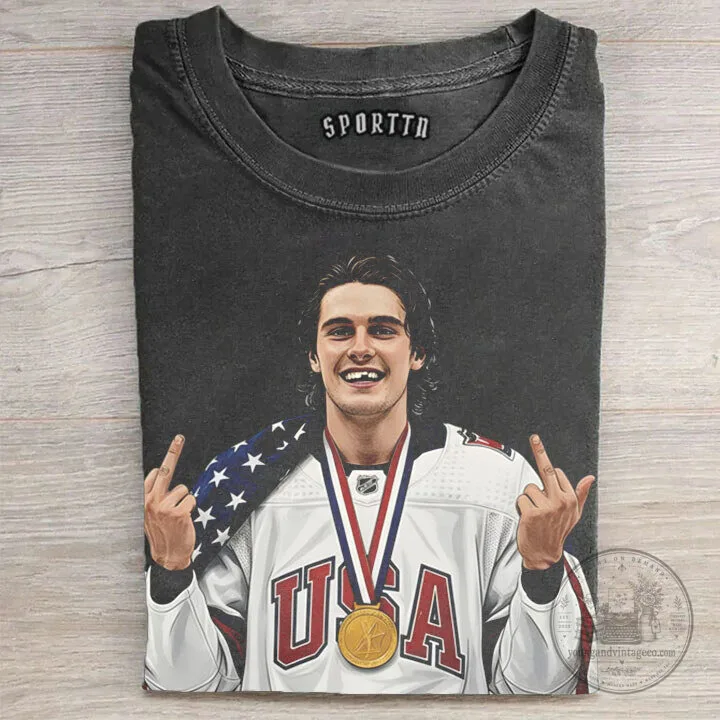 USA Hockey Player Graphic T-Shirt featuring Jack Hughes Champion Design