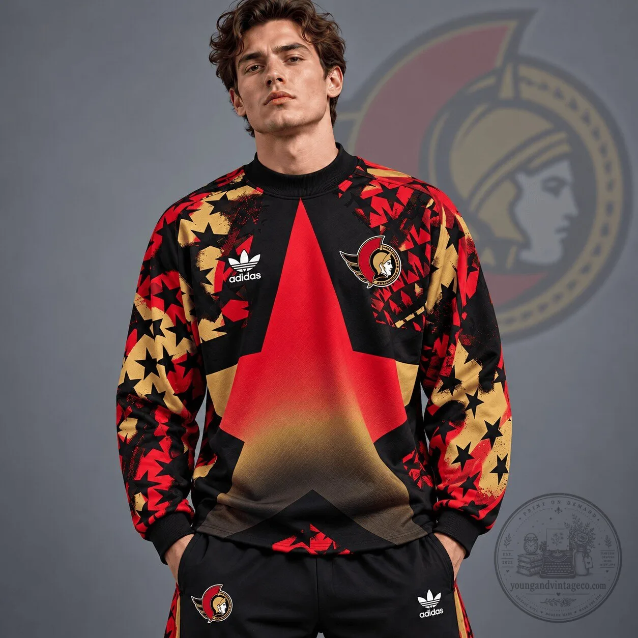 Ottawa Senators Retro Starburst All Over Print Crewneck Sweatshirt
