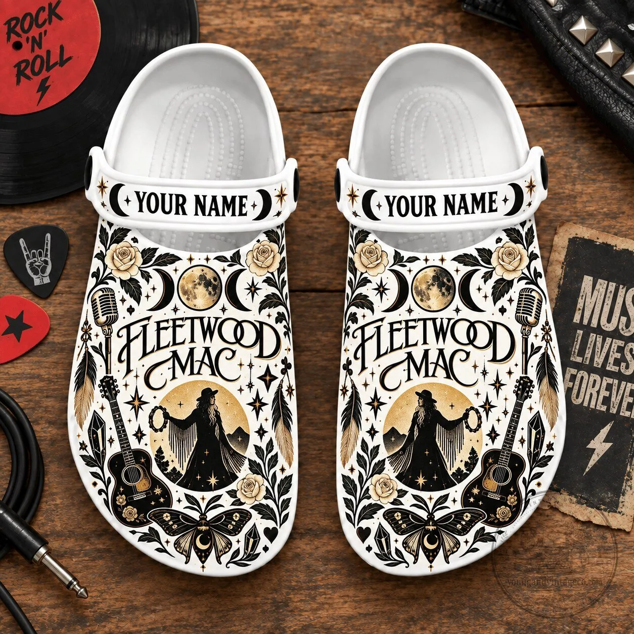 Fleetwood Mac Mystical Moon Guitar Floral Personalized Clogs Shoes