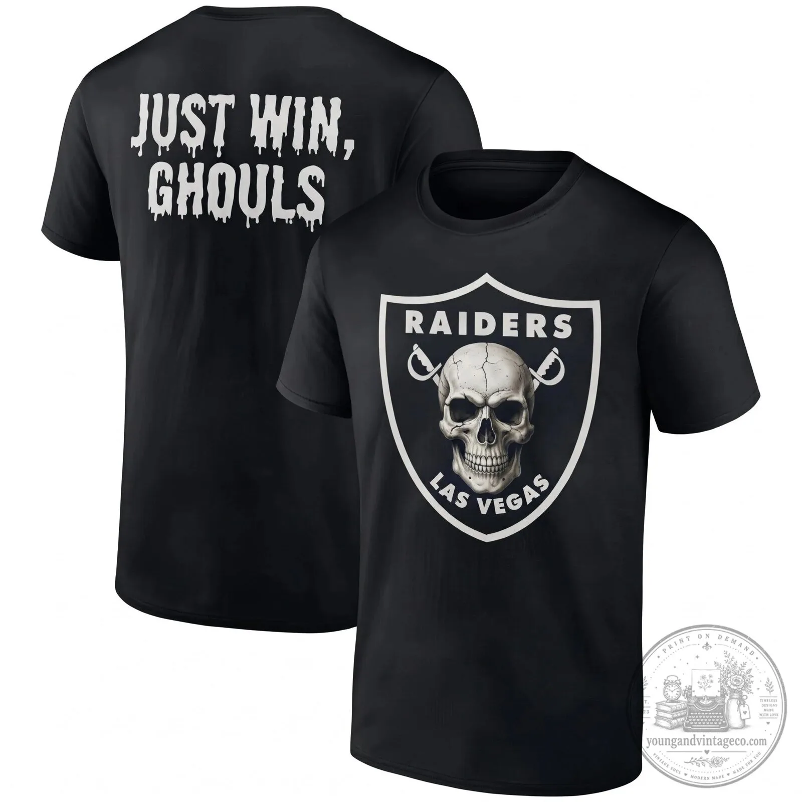Skull Graphic T-Shirt for Halloween - Just Win Ghouls from Las Vegas Raiders