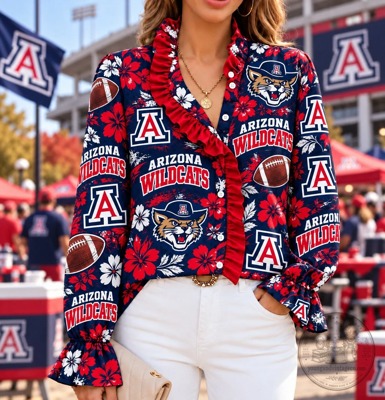 Arizona Wildcats NCAA Floral Ruffle Button Down Long Sleeve Blouse 1 Arizona Wildcats NCAA Floral Ruffle Button Down Long Sleeve Blouse