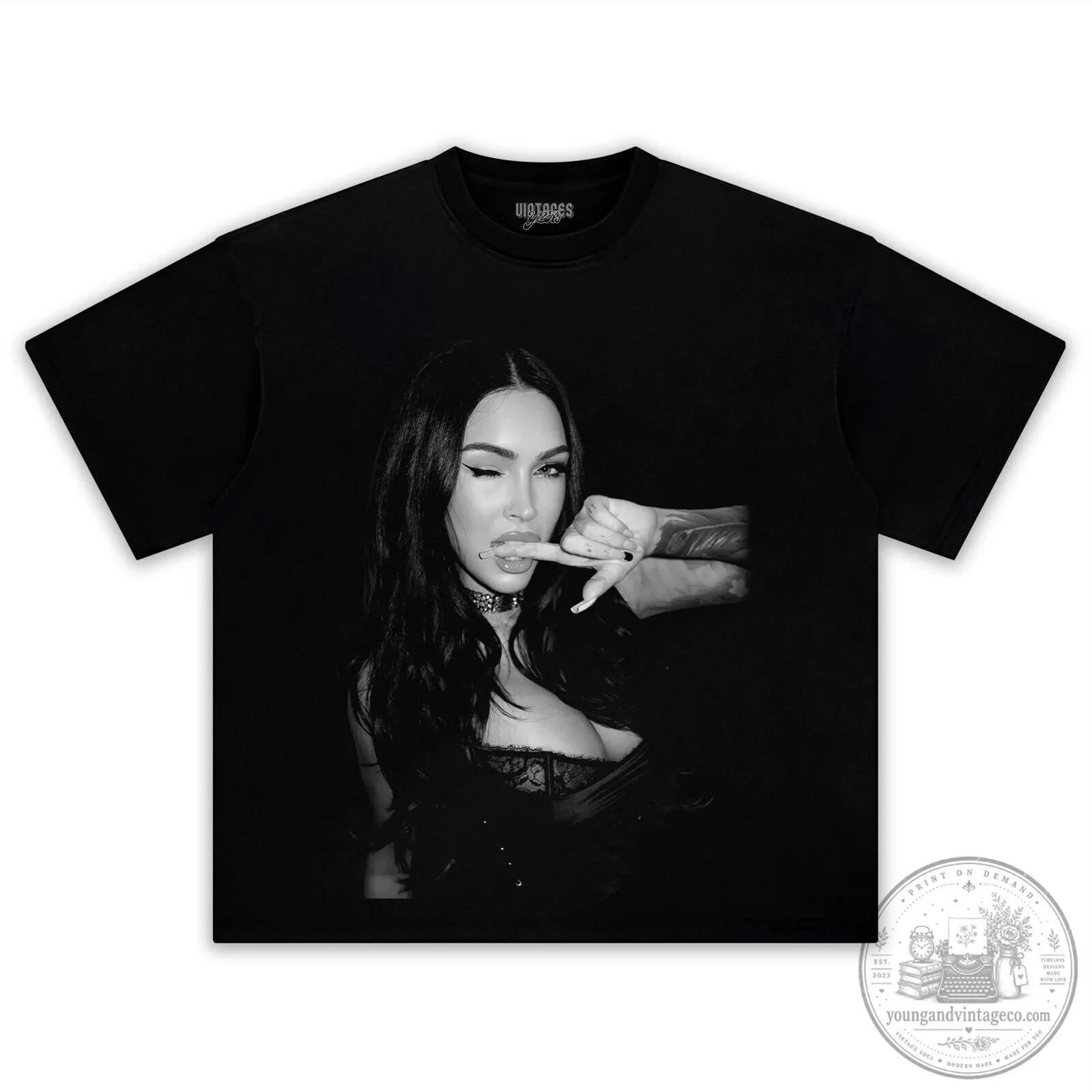Graphic T-Shirt Featuring a Black and White Portrait of Megan Fox 8 Graphic T-Shirt Featuring a Black and White Portrait of Megan Fox