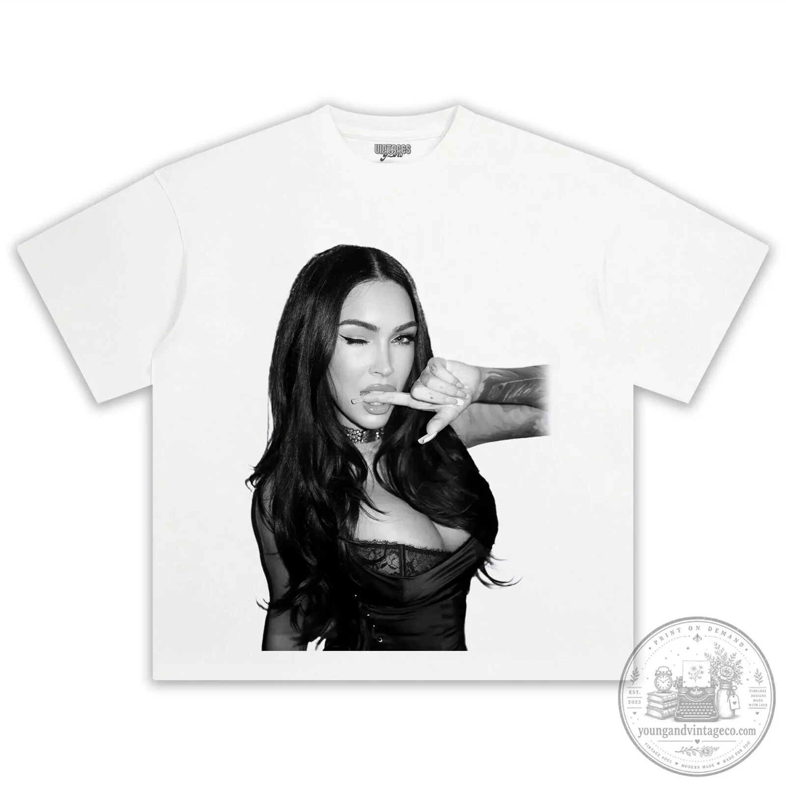 Graphic T-Shirt Featuring a Black and White Portrait of Megan Fox 10 Graphic T-Shirt Featuring a Black and White Portrait of Megan Fox