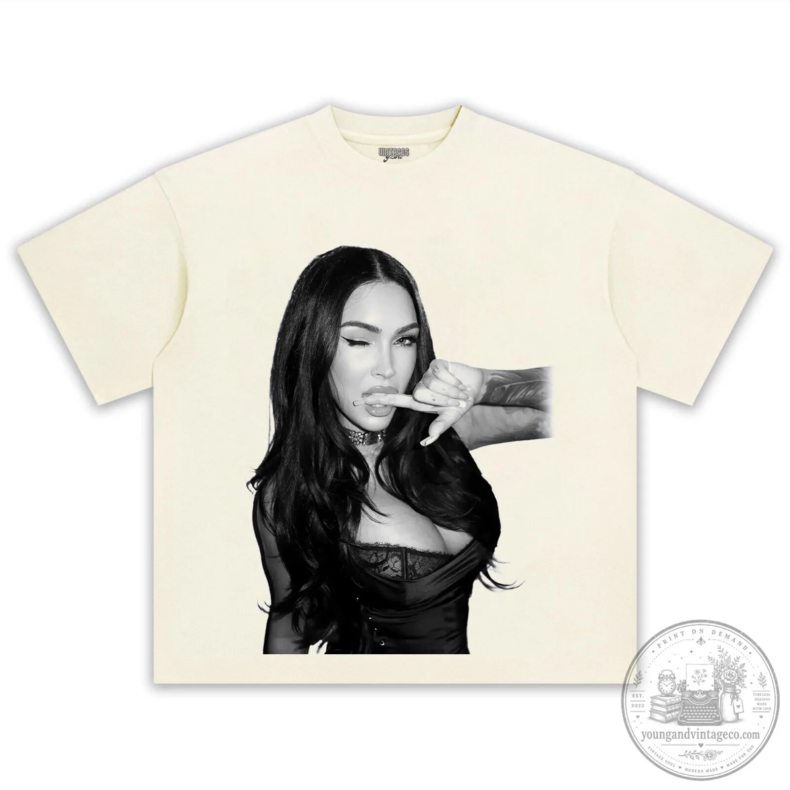 Graphic T-Shirt Featuring a Black and White Portrait of Megan Fox 11 Graphic T-Shirt Featuring a Black and White Portrait of Megan Fox