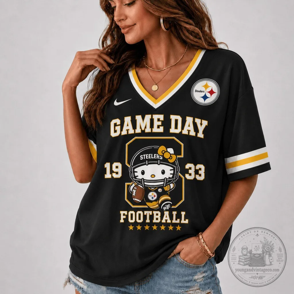 Pittsburgh Football Hello Kitty Game Day Steelers V-Neck Football Jersey Pittsburgh Football Hello Kitty Game Day Steelers V-Neck Football Jersey