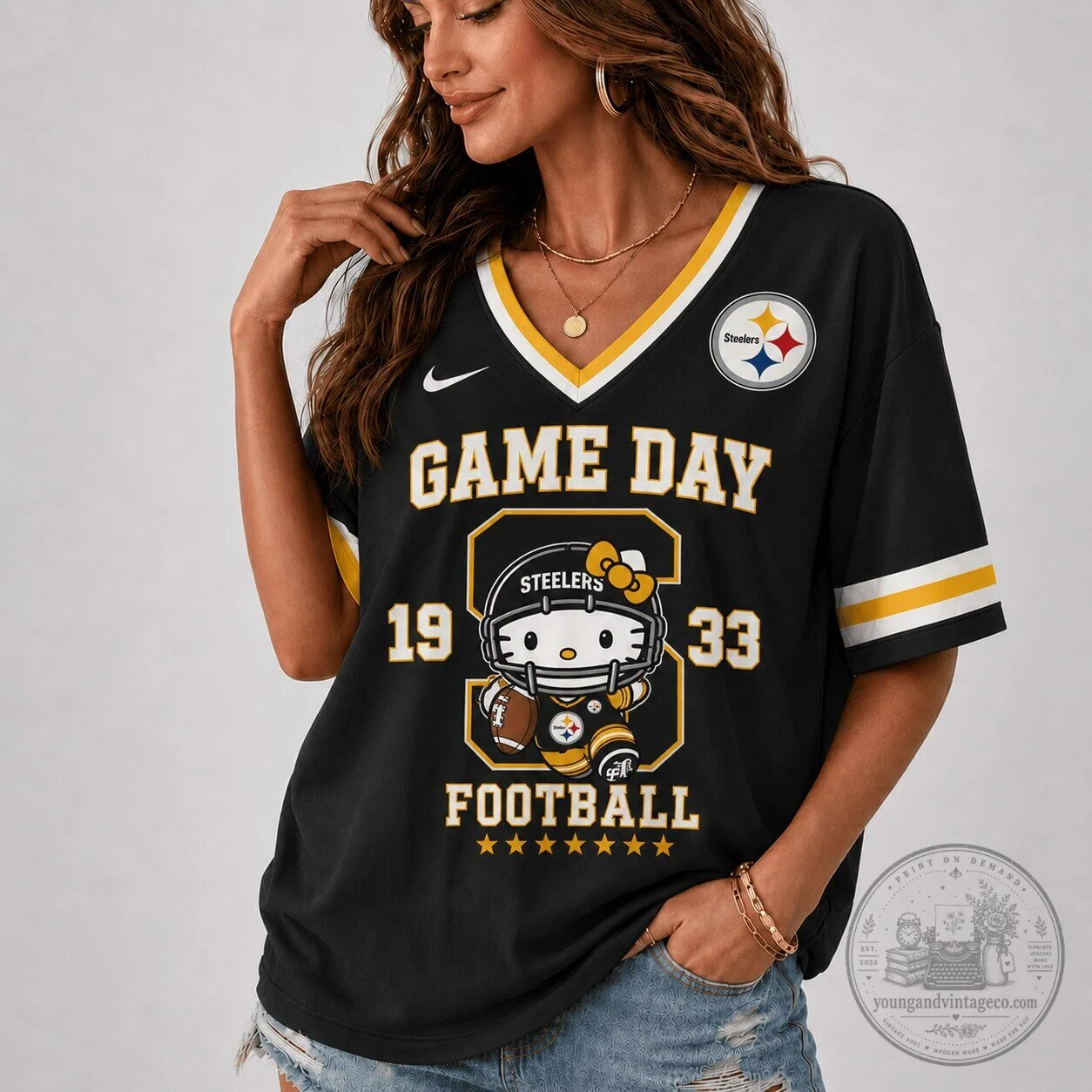 Pittsburgh Football Hello Kitty Game Day Steelers V-Neck Football Jersey