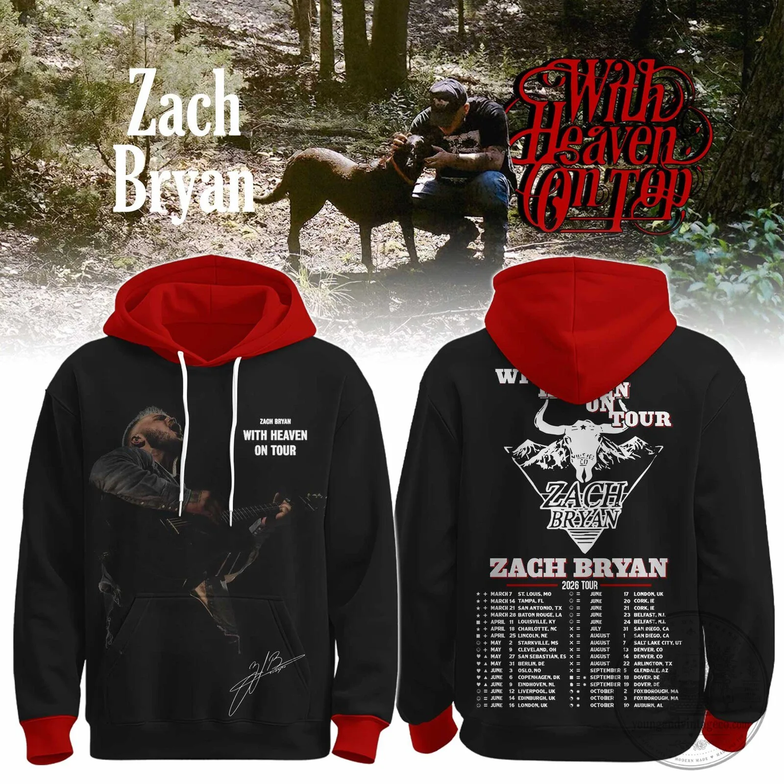 Zach Bryan With Heaven On Tour Concert Dates Black and Red Hoodie