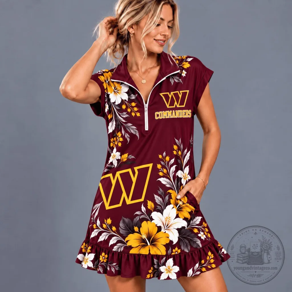 Washington Commanders NFL Floral Quarter-Zip Ruffle Dress for Women Washington Commanders NFL Floral Quarter-Zip Ruffle Dress for Women