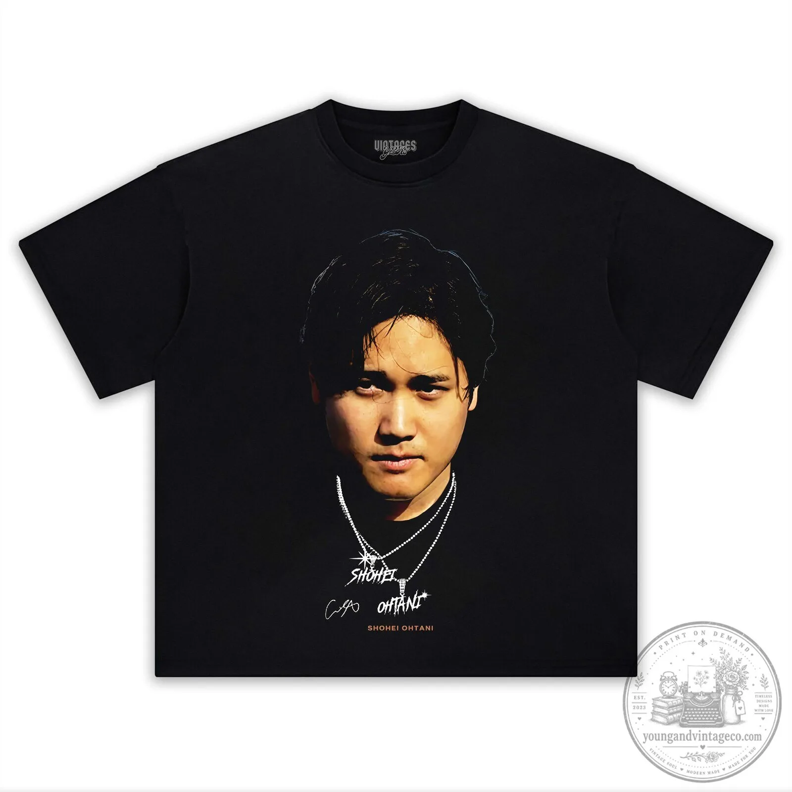 Black Graphic T-Shirt featuring Portrait of Baseball Star Shohei Ohtani