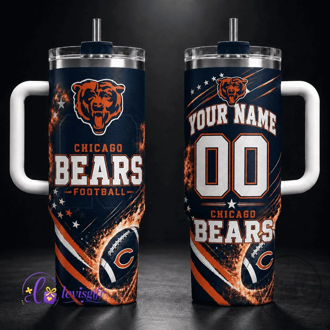Chicago Bears Football Team Personalized Insulated Stainless Steel Tumbler with Handle