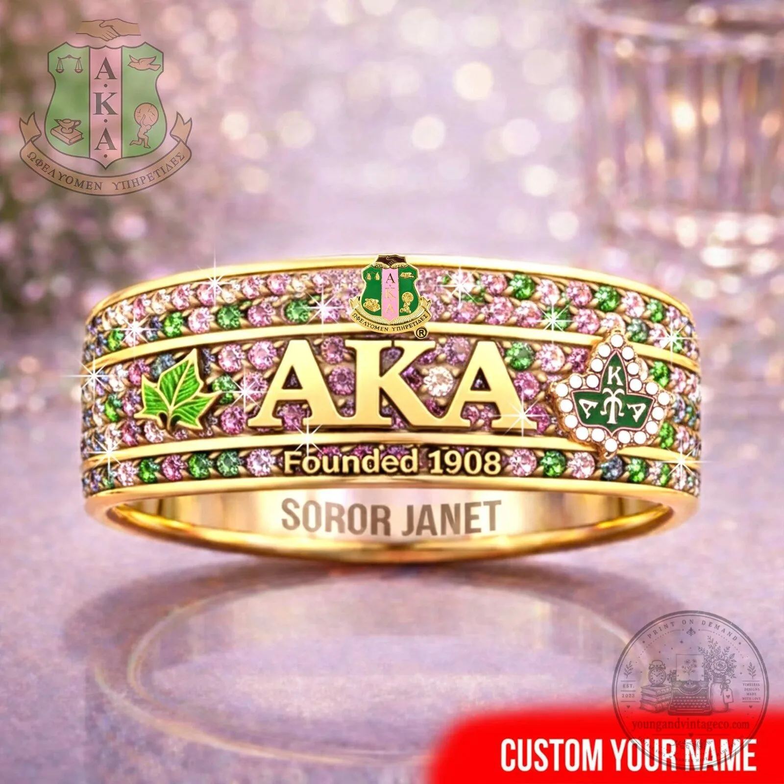 Alpha Kappa Alpha Sorority Founded 1908 Gold Tungsten Ring