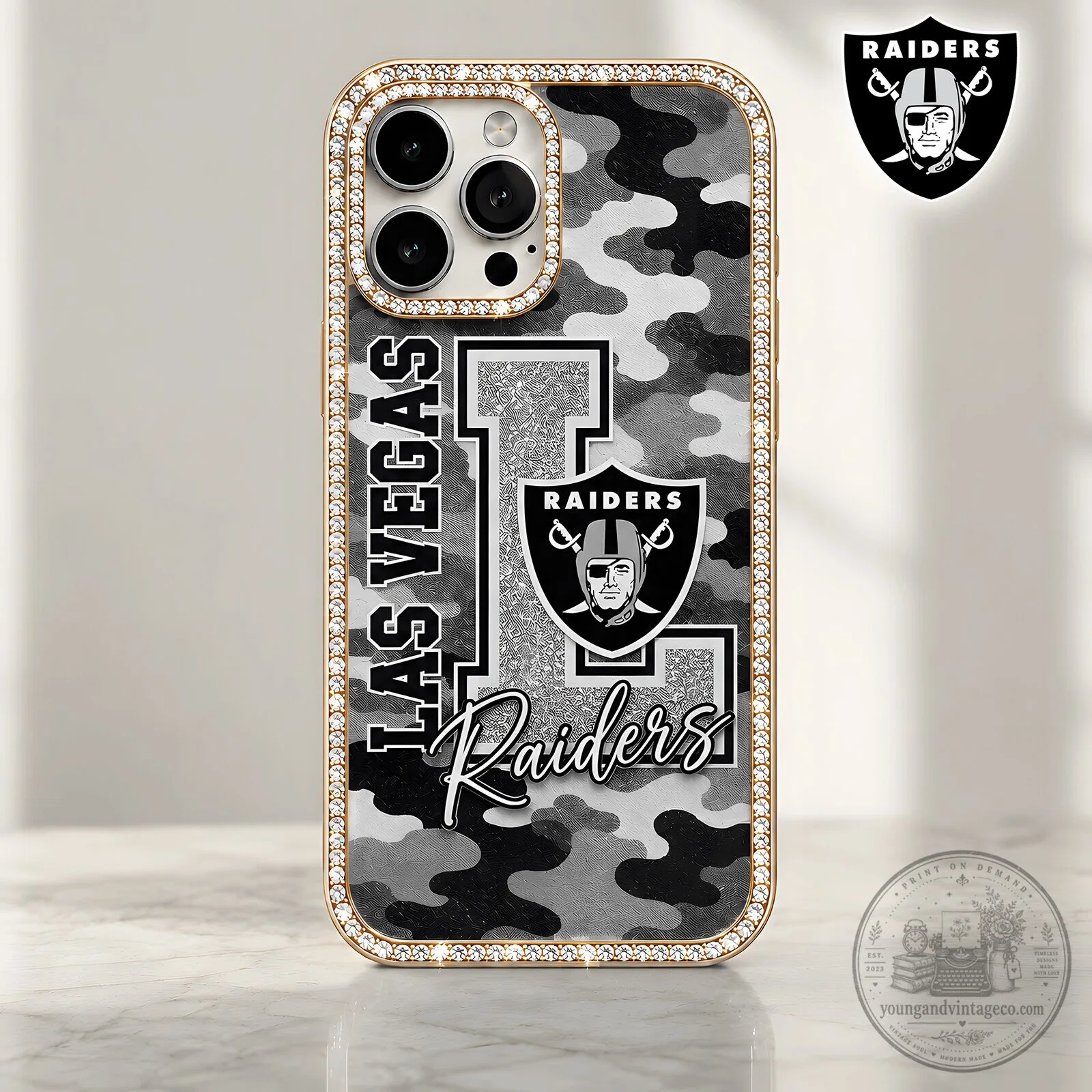 Las Vegas Raiders Camouflage Bling Gold Trim Phone Case