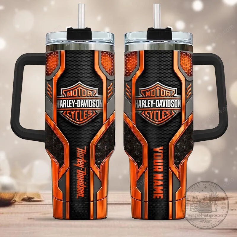 Harley-Davidson Motorcycle Cycles Logo Black Orange Insulated Tumbler
