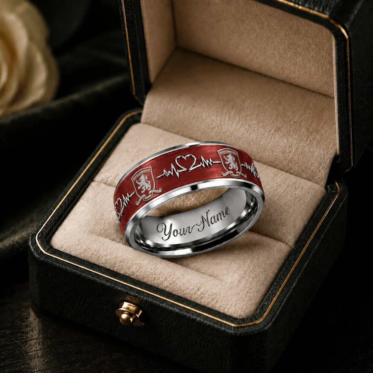 Middlesbrough Football Club Heartbeat Engraved Custom Name Ring