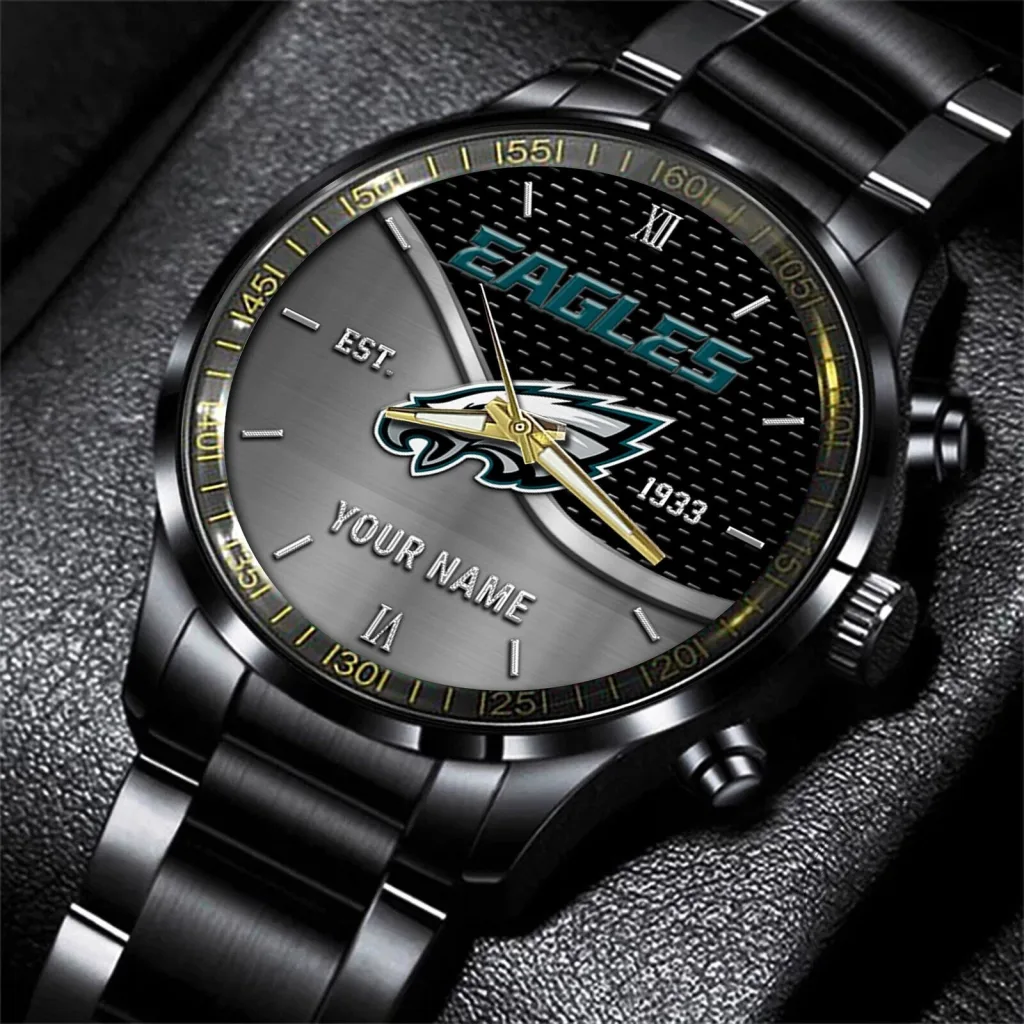 Philadelphia Eagles Custom Name Black Stainless Steel Watch for Football Fans