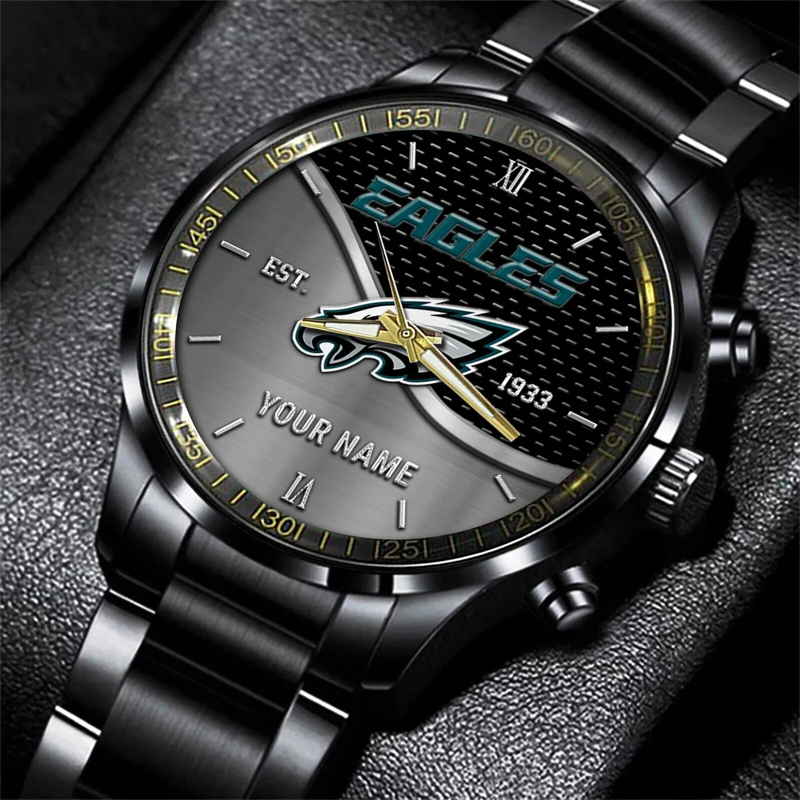 Philadelphia Eagles Custom Name Black Stainless Steel Watch for Football Fans