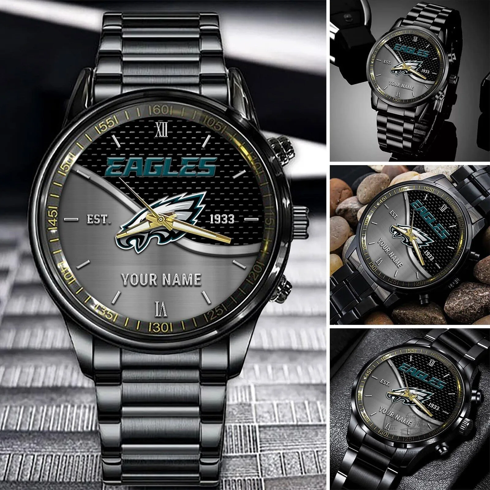 Philadelphia Eagles Custom Name Black Stainless Steel Watch for Football Fans 6 Philadelphia Eagles Custom Name Black Stainless Steel Watch for Football Fans