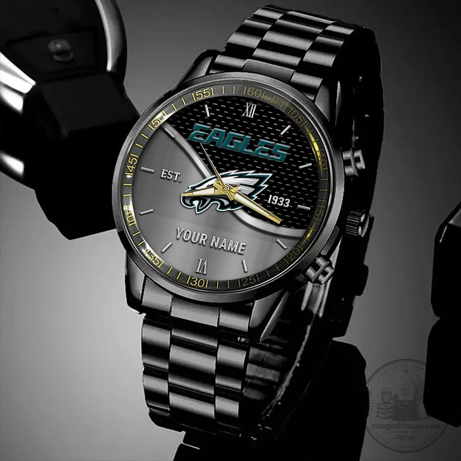 Philadelphia Eagles Custom Name Black Stainless Steel Watch for Football Fans 8 Philadelphia Eagles Custom Name Black Stainless Steel Watch for Football Fans