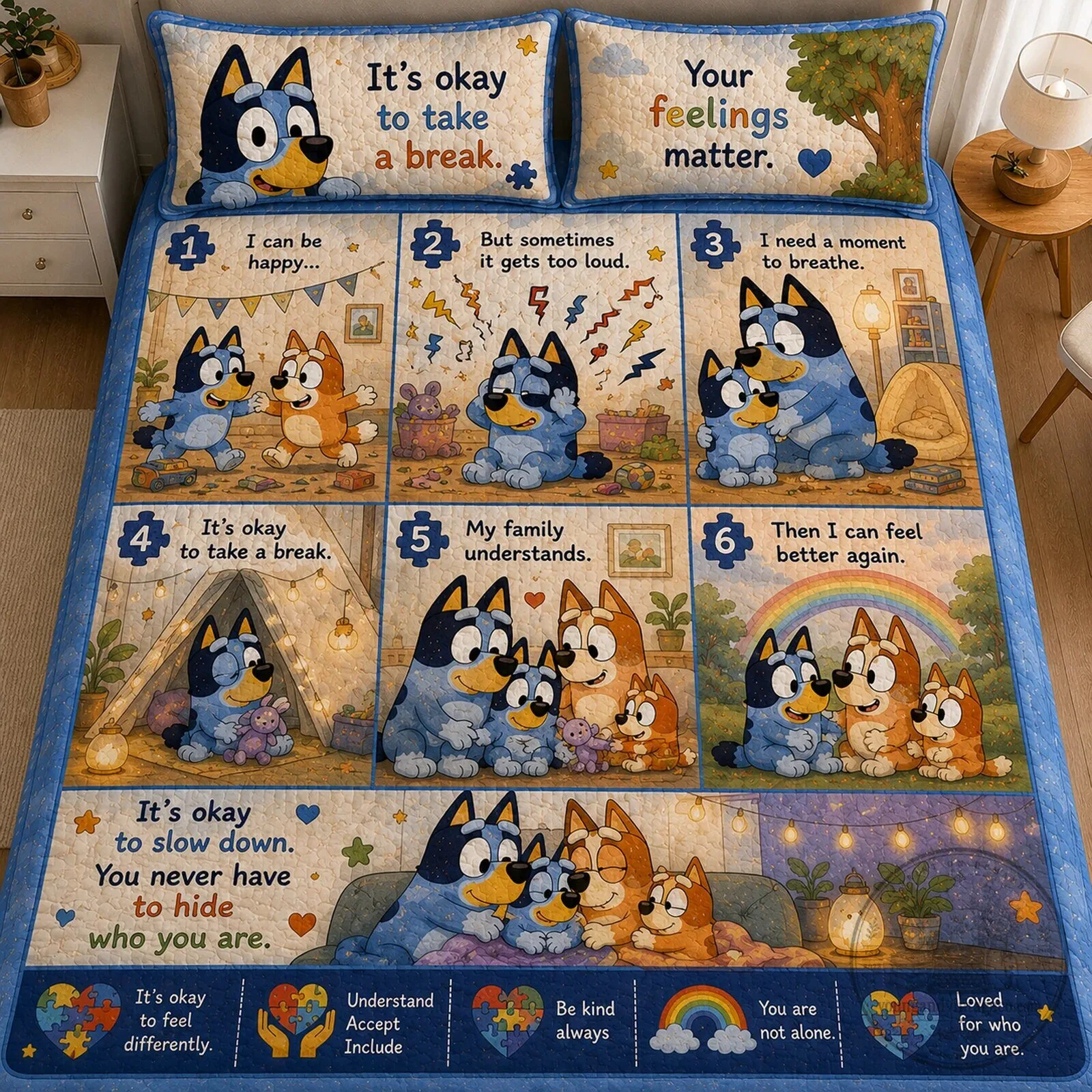 Bluey Autism Awareness Quilt Blanket with Your Feelings Matter Quote