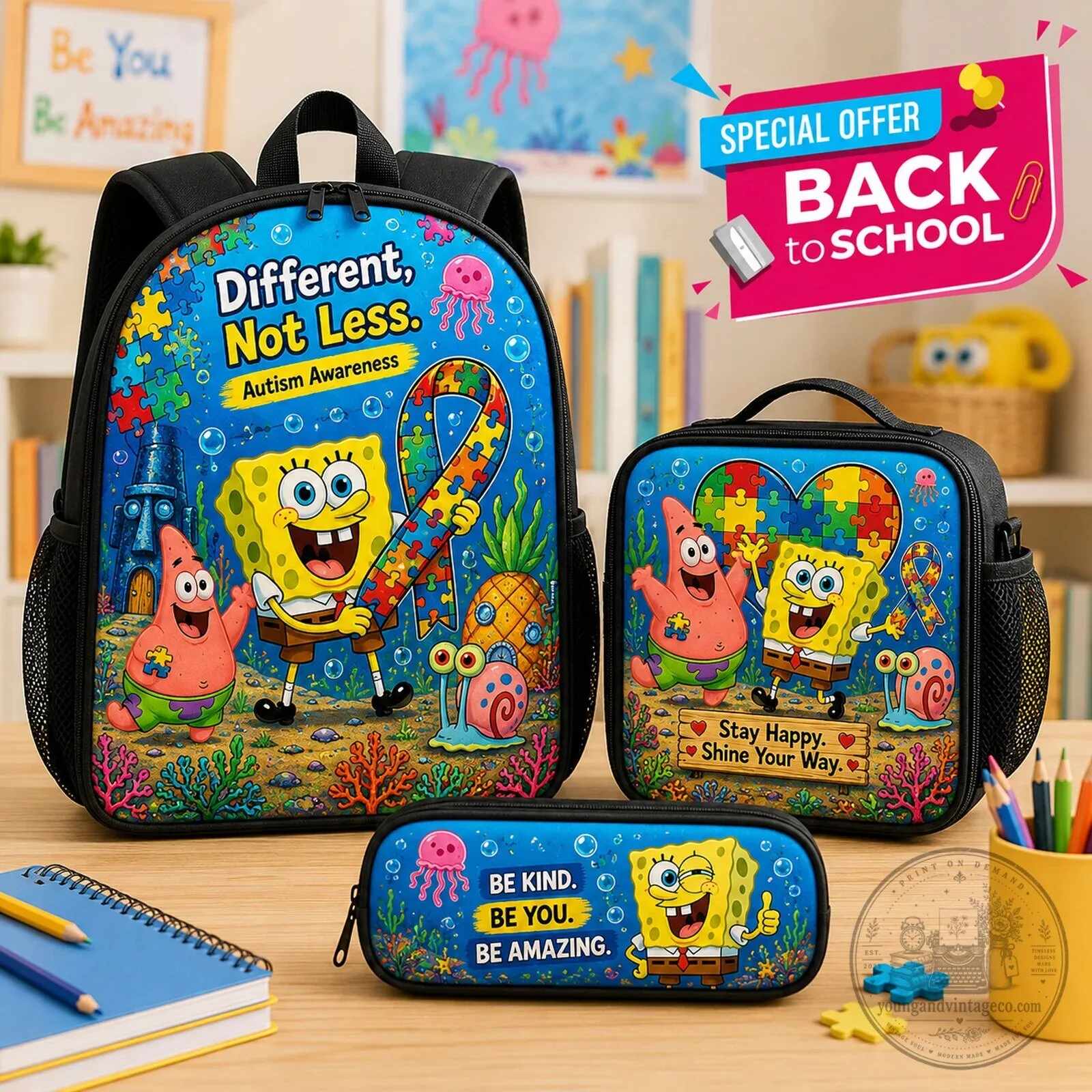 SpongeBob SquarePants Autism Awareness Backpack Lunch Bag Pencil Case Set