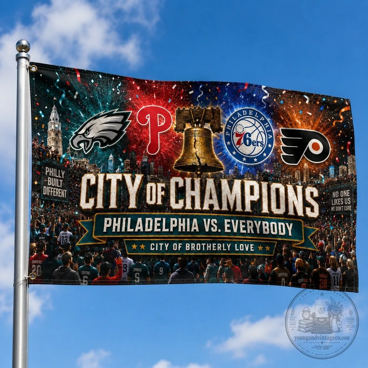 Fan Flag of Philadelphia Featuring Eagles, Phillies, 76ers, and Flyers Champions 10 Fan Flag of Philadelphia Featuring Eagles, Phillies, 76ers, and Flyers Champions